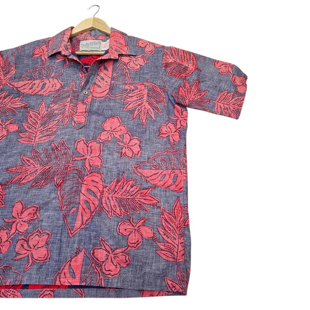 VTG Charlie Richard Shoreline Red/Blue 1/4 Button Up Hawaiian Shirt, Men's Sz XL